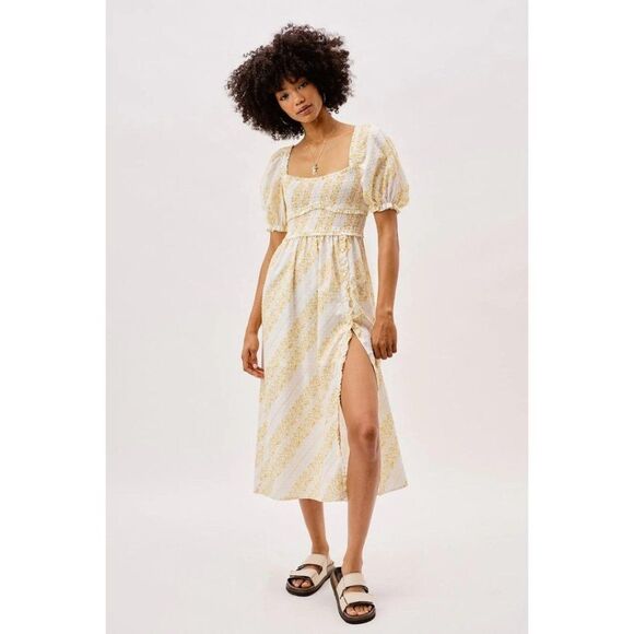 For Love & Lemons Yellow and White Floral Smocked Puff Sleeve Midi Dress
